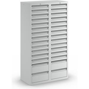 Ladekast, h x b x d = 1800 x 1000 x 500 mm, 26 laden 100 mm, 4 laden 200 mm hoog, kastframe en laden grijs