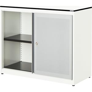 mauser Schuifdeurkast, akoestisch effect, blad met massieve kern, h x b x d = 818 x 1000 x 432 mm, 1 legbord, zuiver wit / blank aluminiumkleurig / wit
