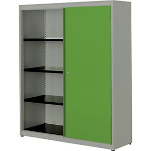 mauser Schuifdeurkast, h x b x d = 1516 x 1200 x 432 mm, stalen blad, 3 legborden, blank aluminiumkleurig / geelgroen / blank aluminiumkleurig