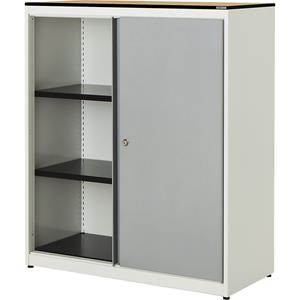 mauser Schuifdeurkast, h x b x d = 1168 x 1000 x 432 mm, blad met massieve kern, 2 legborden, zuiver wit / blank aluminiumkleurig / ahornhoutdecor