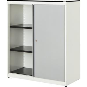 mauser Schuifdeurkast, h x b x d = 1168 x 1000 x 432 mm, blad met massieve kern, 2 legborden, zuiver wit / blank aluminiumkleurig / wit