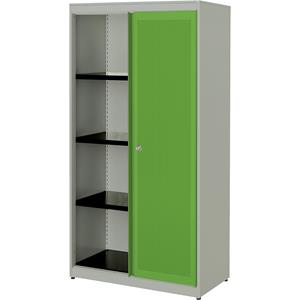 mauser Schuifdeurkast, akoestisch effect, stalen blad, h x b x d = 1516 x 800 x 432 mm, 3 legborden, blank aluminiumkleurig / geelgroen / blank aluminiumkleurig