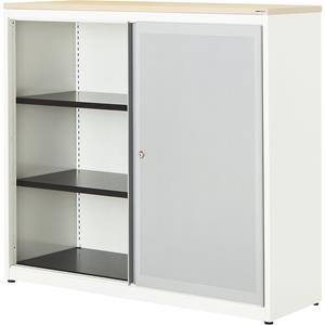 mauser Schuifdeurkast, akoestisch effect, kunststof blad, h x b x d = 1180 x 1200 x 432 mm, 2 legborden, zuiver wit / blank aluminiumkleurig / ahornhoutdecor