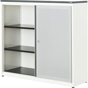 mauser Schuifdeurkast, akoestisch effect, kunststof blad, h x b x d = 1180 x 1200 x 432 mm, 2 legborden, zuiver wit / blank aluminiumkleurig / wit