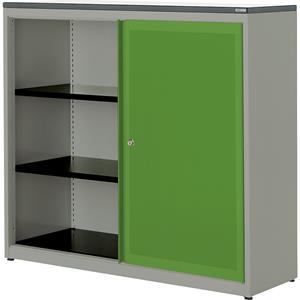 mauser Schuifdeurkast, akoestisch effect, kunststof blad, h x b x d = 1180 x 1200 x 432 mm, 2 legborden, blank aluminiumkleurig / geelgroen / wit