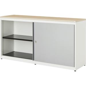 mauser Schuifdeurkast, h x b x d = 830 x 1600 x 432 mm, kunststof blad, 2 x 1 legbord, zuiver wit / blank aluminiumkleurig / ahornhoutdecor