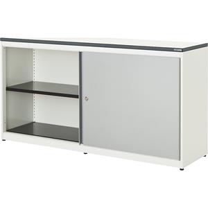 mauser Schuifdeurkast, h x b x d = 830 x 1600 x 432 mm, kunststof blad, 2 x 1 legbord, zuiver wit / blank aluminiumkleurig / wit