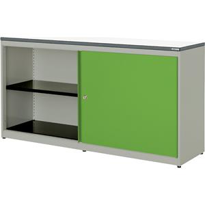 mauser Schuifdeurkast, h x b x d = 830 x 1600 x 432 mm, kunststof blad, 2 x 1 legbord, blank aluminiumkleurig / geelgroen / wit