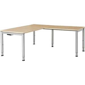 mauser Schrijftafel, aaneengeschakeld, voetvorm in ronde buis, h x b x d = 650 - 850 x 1600 x 800 mm, hoekaanzet rechts, blad ahornhoutdecor, onderstel aluminiumkleurig