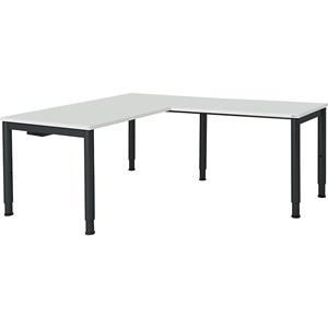 mauser Schrijftafel, aaneengeschakeld, voetvorm in ronde buis, h x b x d = 650 - 850 x 1600 x 800 mm, hoekaanzet rechts, blad lichtgrijs, onderstel antracietgrijs