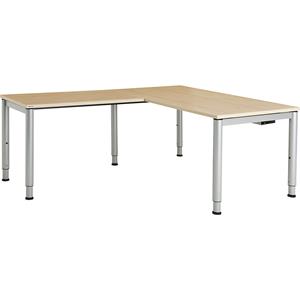 mauser Schrijftafel, aaneengeschakeld, voetvorm in ronde buis, h x b x d = 650 - 850 x 1600 x 800 mm, hoekaanzet links, blad ahornhoutdecor, onderstel aluminiumkleurig