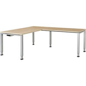 mauser Bureautafel, aaneengeschakeld, voet van vierkante / rechthoekige buis, h x b x d = 650 - 850 x 1600 x 800 mm, hoekaanzet rechts (breedte 1200 mm), blad ahornhoutdecor, onderstel aluminiumkleuri