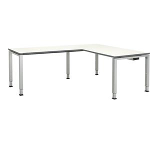 mauser Bureautafel, aaneengeschakeld, voet van vierkante / rechthoekige buis, h x b x d = 650 - 850 x 1600 x 800 mm, hoekaanzet links (breedte 1200 mm), blad wit, onderstel aluminiumkleurig