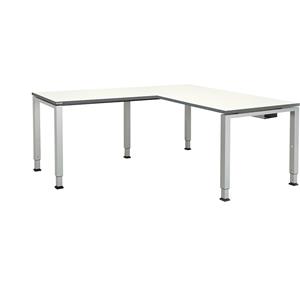 mauser Bureautafel, aaneengeschakeld, voet van vierkante / rechthoekige buis, h x b x d = 650 - 850 x 1600 x 800 mm, hoekaanzet links (breedte 1000 mm), blad wit, onderstel aluminiumkleurig