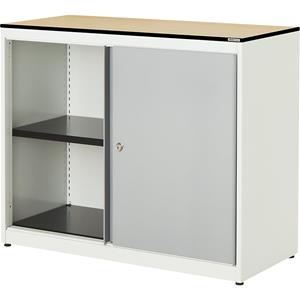 mauser Schuifdeurkast, h x b x d = 818 x 1200 x 432 mm, blad met massieve kern, 1 legbord, zuiver wit / blank aluminiumkleurig / ahornhoutdecor