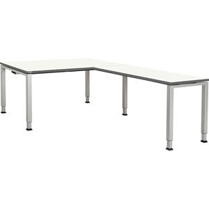 mauser Bureautafel, aaneengeschakeld, voet van vierkante / rechthoekige buis, h x b x d = 650 - 850 x 1600 x 900 mm, hoekaanzet rechts (breedte 1200 mm), blad wit, onderstel aluminiumkleurig