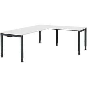 mauser Schrijftafel, aaneengeschakeld, voetvorm in ronde buis, h x b x d = 650 - 850 x 1800 x 800 mm, hoekaanzet rechts, blad lichtgrijs, onderstel antracietgrijs