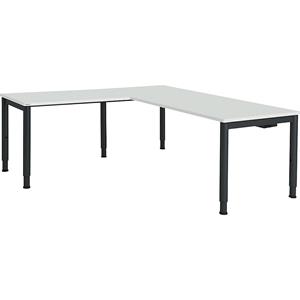 mauser Schrijftafel, aaneengeschakeld, voetvorm in ronde buis, h x b x d = 650 - 850 x 1800 x 800 mm, hoekaanzet links, blad lichtgrijs, onderstel antracietgrijs