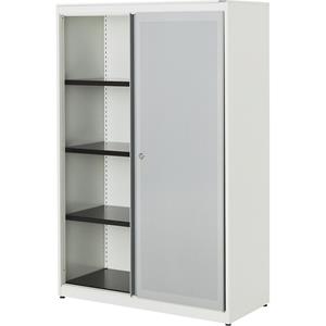 mauser Schuifdeurkast, akoestisch effect, stalen blad, h x b x d = 1516 x 1000 x 432 mm, 3 legborden, zuiver wit / blank aluminiumkleurig / zuiver wit
