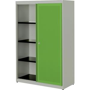 mauser Schuifdeurkast, akoestisch effect, stalen blad, h x b x d = 1516 x 1000 x 432 mm, 3 legborden, blank aluminiumkleurig / geelgroen / blank aluminiumkleurig