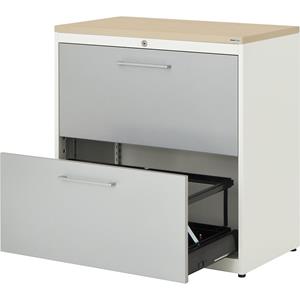 mauser Hangmappenkast, kunststof blad, 2 laden, 2 rijen, met sluitdemping, zuiver wit / blank aluminiumkleurig / ahornhoutdecor