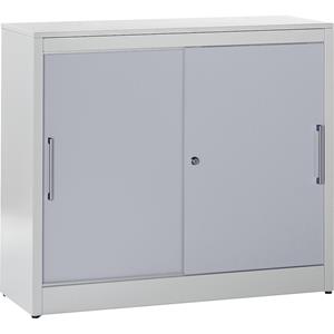 mauser Schuifdeurkast, bijzetkast met 2 legborden, h x b x d = 1040 x 1200 x 420 mm, lichtgrijs / blank aluminiumkleurig