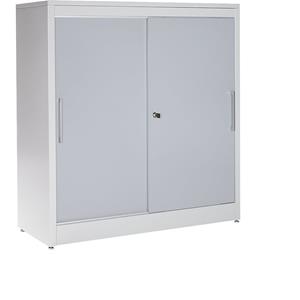 mauser Schuifdeurkast, bijzetkast met 2 legborden, h x b x d = 1240 x 1200 x 420 mm, lichtgrijs / blank aluminiumkleurig