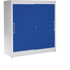 mauser Schuifdeurkast, bijzetkast met 2 legborden, h x b x d = 1240 x 1200 x 420 mm, lichtgrijs / ultramarijnblauw