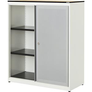 mauser Schuifdeurkast, akoestisch effect, blad met massieve kern, h x b x d = 1168 x 1000 x 432 mm, 2 legborden, zuiver wit / blank aluminiumkleurig / ahornhoutdecor