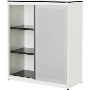 mauser Schuifdeurkast, akoestisch effect, blad met massieve kern, h x b x d = 1168 x 1000 x 432 mm, 2 legborden, zuiver wit / blank aluminiumkleurig / wit