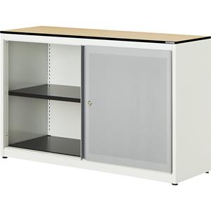 mauser Schuifdeurkast, akoestisch effect, blad met massieve kern, h x b x d = 818 x 1200 x 432 mm, 1 legbord, zuiver wit / blank aluminiumkleurig / ahornhoutdecor