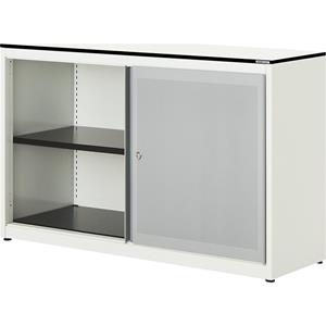 mauser Schuifdeurkast, akoestisch effect, blad met massieve kern, h x b x d = 818 x 1200 x 432 mm, 1 legbord, zuiver wit / blank aluminiumkleurig / wit