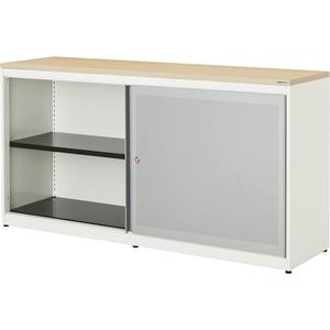 mauser Schuifdeurkast, akoestisch effect, kunststof blad, h x b x d = 830 x 1600 x 432 mm, 2 x 1 legbord, zuiver wit / blank aluminiumkleurig / ahornhoutdecor