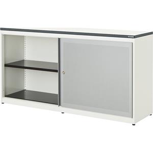 mauser Schuifdeurkast, akoestisch effect, kunststof blad, h x b x d = 830 x 1600 x 432 mm, 2 x 1 legbord, zuiver wit / blank aluminiumkleurig / wit