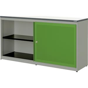 mauser Schuifdeurkast, akoestisch effect, kunststof blad, h x b x d = 830 x 1600 x 432 mm, 2 x 1 legbord, blank aluminiumkleurig / geelgroen / wit