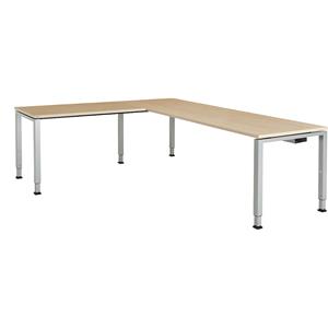 mauser Bureautafel, aaneengeschakeld, voet van vierkante / rechthoekige buis, h x b x d = 650 - 850 x 2000 x 800 mm, hoekaanzet links (breedte 1200 mm), blad ahornhoutdecor, onderstel aluminiumkleurig