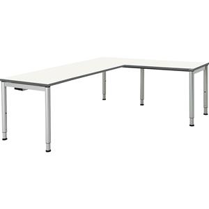 mauser Schrijftafel, aaneengeschakeld, voetvorm in ronde buis, h x b x d = 650 - 850 x 2000 x 800 mm, hoekaanzet rechts, blad wit, onderstel aluminiumkleurig