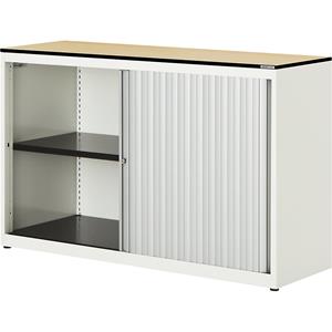 mauser Roldeurkast, h x b x d = 818 x 1200 x 432 mm, blad met massieve kern, 1 legbord, zuiver wit / aluminiumkleurig / ahornhoutdecor