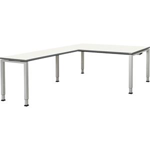 mauser Bureautafel, aaneengeschakeld, voet van vierkante / rechthoekige buis, h x b x d = 650 - 850 x 1800 x 900 mm, hoekaanzet links (breedte 1200 mm), blad wit, onderstel aluminiumkleurig