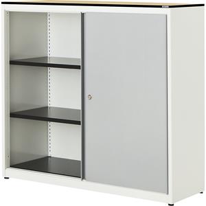 mauser Schuifdeurkast, h x b x d = 1168 x 1200 x 432 mm, blad met massieve kern, 2 legborden, zuiver wit / blank aluminiumkleurig / ahornhoutdecor