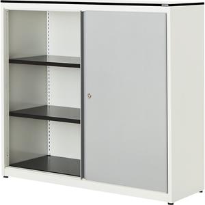 mauser Schuifdeurkast, h x b x d = 1168 x 1200 x 432 mm, blad met massieve kern, 2 legborden, zuiver wit / blank aluminiumkleurig / wit
