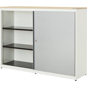 mauser Schuifdeurkast, h x b x d = 1180 x 1600 x 432 mm, kunststof blad, 2 x 2 legborden, zuiver wit / blank aluminiumkleurig / ahornhoutdecor