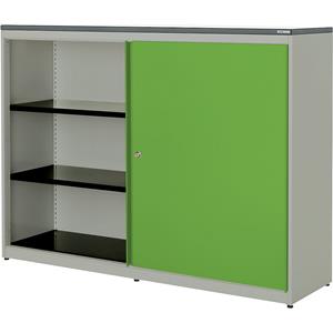 mauser Schuifdeurkast, h x b x d = 1180 x 1600 x 432 mm, kunststof blad, 2 x 2 legborden, blank aluminiumkleurig / geelgroen / wit