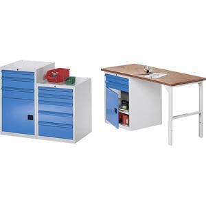 Ladekast, b x d = 600 x 600 mm, hoogte 800 mm, 4 laden, lichtgrijs / lichtblauw