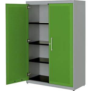 mauser Vleugeldeurkast, akoestisch effect, h x b x d = 1516 x 1000 x 432 mm, 3 legborden, blank aluminiumkleurig / geelgroen