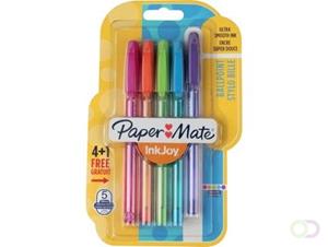 Paper Mate balpen InkJoy 100 met dop, blister met 4 stuks in geassorteerde fun kleuren