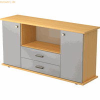 Hjh OFFICE PRO Kapa SB | Dressoir | met deuren + laden, Melamine spaanplaat DIN 68765, Emissieklasse E1, Beuken / Zilver