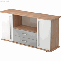 Hjh OFFICE PRO Kapa SB | Dressoir | met deuren + laden, Melamine spaanplaat DIN 68765, Emissieklasse E1, Walnoot / Wit