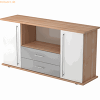 Hjh OFFICE PRO Kapa SB | Dressoir | met deuren + laden, Melamine spaanplaat DIN 68765, Emissieklasse E1, Walnoot / Wit