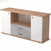 Hjh OFFICE PRO Kapa SB | Dressoir | met deuren + laden, Melamine spaanplaat DIN 68765, Emissieklasse E1, Walnoot / Wit